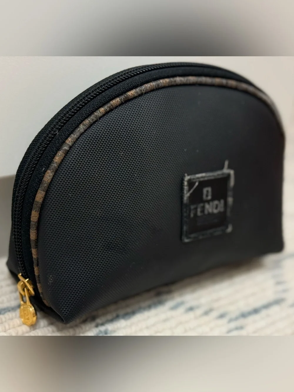FENDI Vintage 90’s Signature Pequin Black Nylon Half-Moon Clutch/Cosmetic Pouch